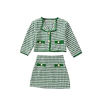 WDIRARA Toddler Girl's 2 Piece Houndstooth Button Front Long Sleeve Round Neck Jacket and Skirt Outfits Set