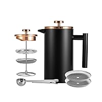 Small French Press Coffee Maker, Double-Wall Insulated French Press Coffee Press Stainless Steel, Included 2 Extra Fliters and 1 Coffee Spoon (22oz, Black)