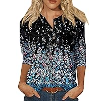 Women's 3/4 Sleeve Summer Tops 3/4 Length Sleeve Womens Tops 2024 Casual Trendy Print Loose Fit with Henry Collar Oversized Tunic Shirts Black X-Large