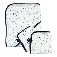 HonestBaby Unisex Baby 3-Piece Organic Cotton Hooded Towel & Washcloth Set, Twinkle Star White/Navy, One Size