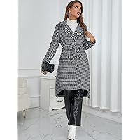 Women's Jackets Houndstooth Double Breasted Belted Overcoat Women Jackets (Color : Black and White, Size : Small)