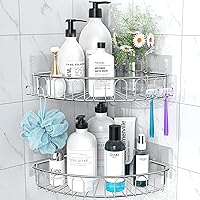 Orimade Corner Shower Caddy Stainless Steel with Hooks Wall Mounted Bathroom Shelf Storage Organizer Adhesive No Drilling 2 Pack, Silver Only for 90-Degree Corner