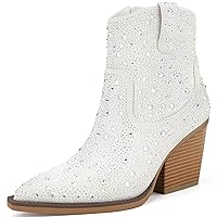Women's Color Rhinestone Boots Glitter Sparkly Cowboy Booties Chunky Block Heel Pearl Detail Pointed Toe Bridal Wedding Western Ankle Boots Cowgirl Short Boots