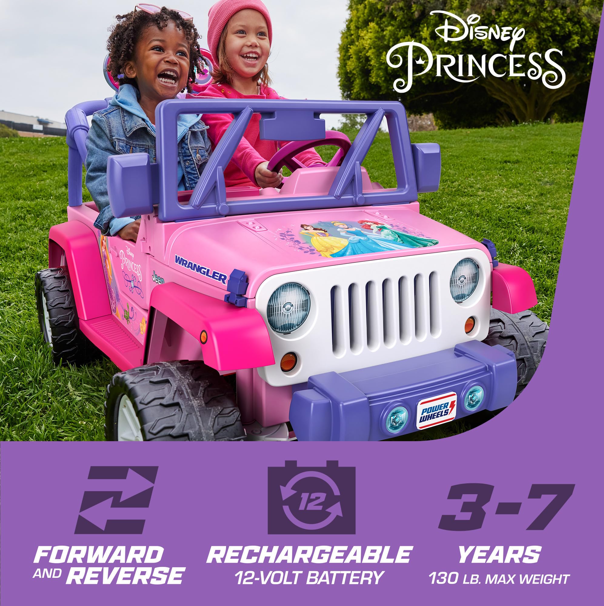 Bundle of Power Wheels Disney Princess Jeep Wrangler Ride-On Vehicle with Sounds and Character Phrases Plus Storage + Replacement Battery 12-Volt 12-Ah Rechargeable