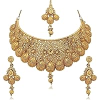 Efulgenz Mothers Day Gift Indian Bollywood Traditional Crystal Kundan Choker Necklace Earrings Maang Tikka Wedding Bridal Jewelry Set For Women