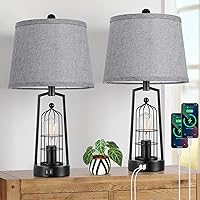 Farmhouse Table Lamps with 2 USB Ports, Set of 2 Rustic Industrial Desk Multi Brightness Black Bedside Bedroom Nightstand Lamp with Gray Lampshade for Living Room, House Decor, Reading