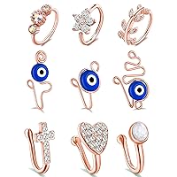 Tornito 9Pcs African Fake Nose Rings Hoop Clip on Faux Evil Eye Inlaid CZ Cross Heart Star Nose Cuff Cartilage Tragus Ear Ring Non Piercing Jewelry for Women Men