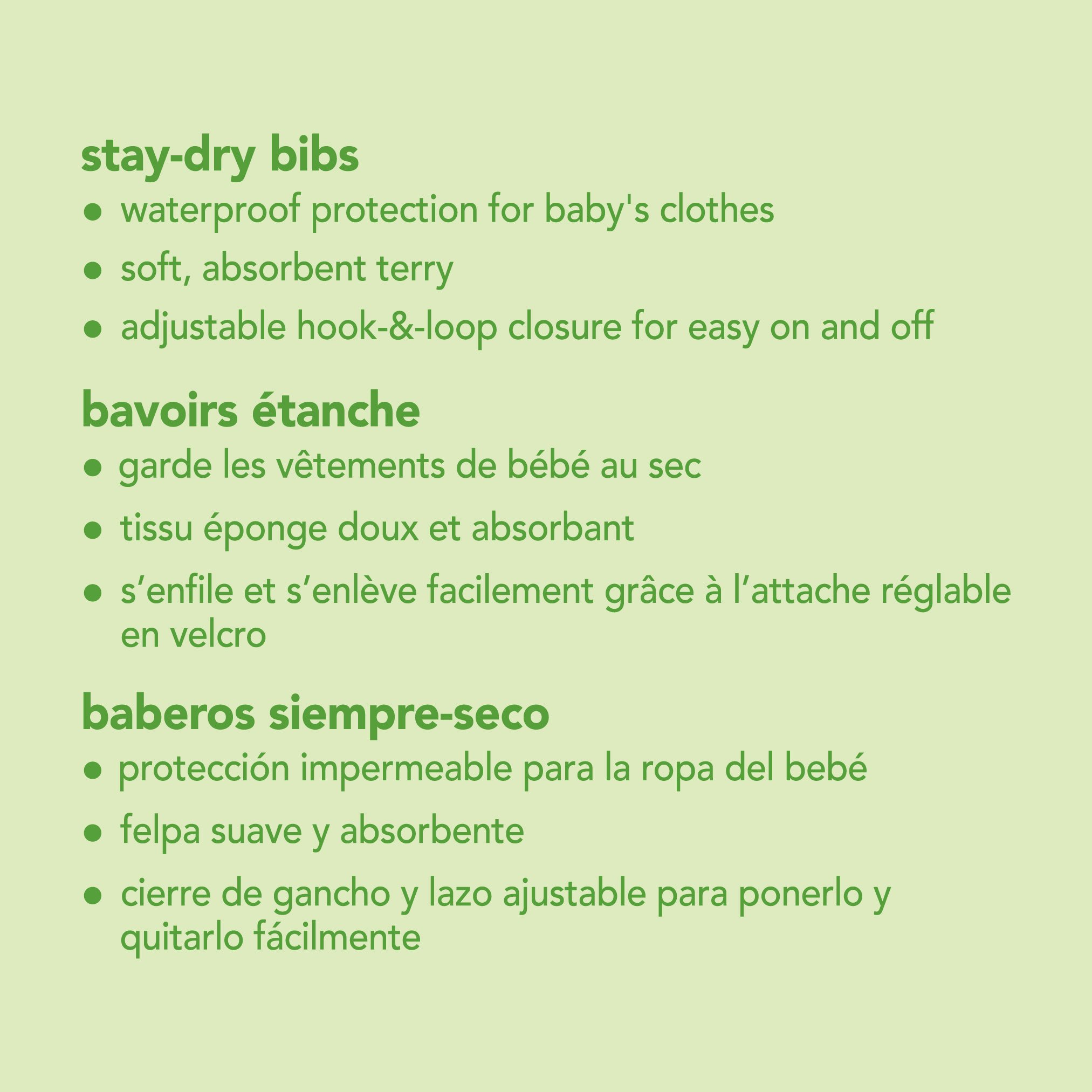 green sprouts Stay-dry Baby Bibs (10 pack) Waterproof protection, Adjustable hook-&-loop closure, Machine washable