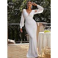Dresses for Women Split Sleeve Mesh Panel Contrast Sequin Formal Dress (Color : White, Size : Large)