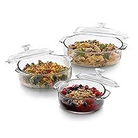 Libbey 56030 Baker's Basics 3-Piece Covered Casserole Dishes, Versatile Glass Baking Dishes for Oven, Clear Lead-Free Casserole Cookware