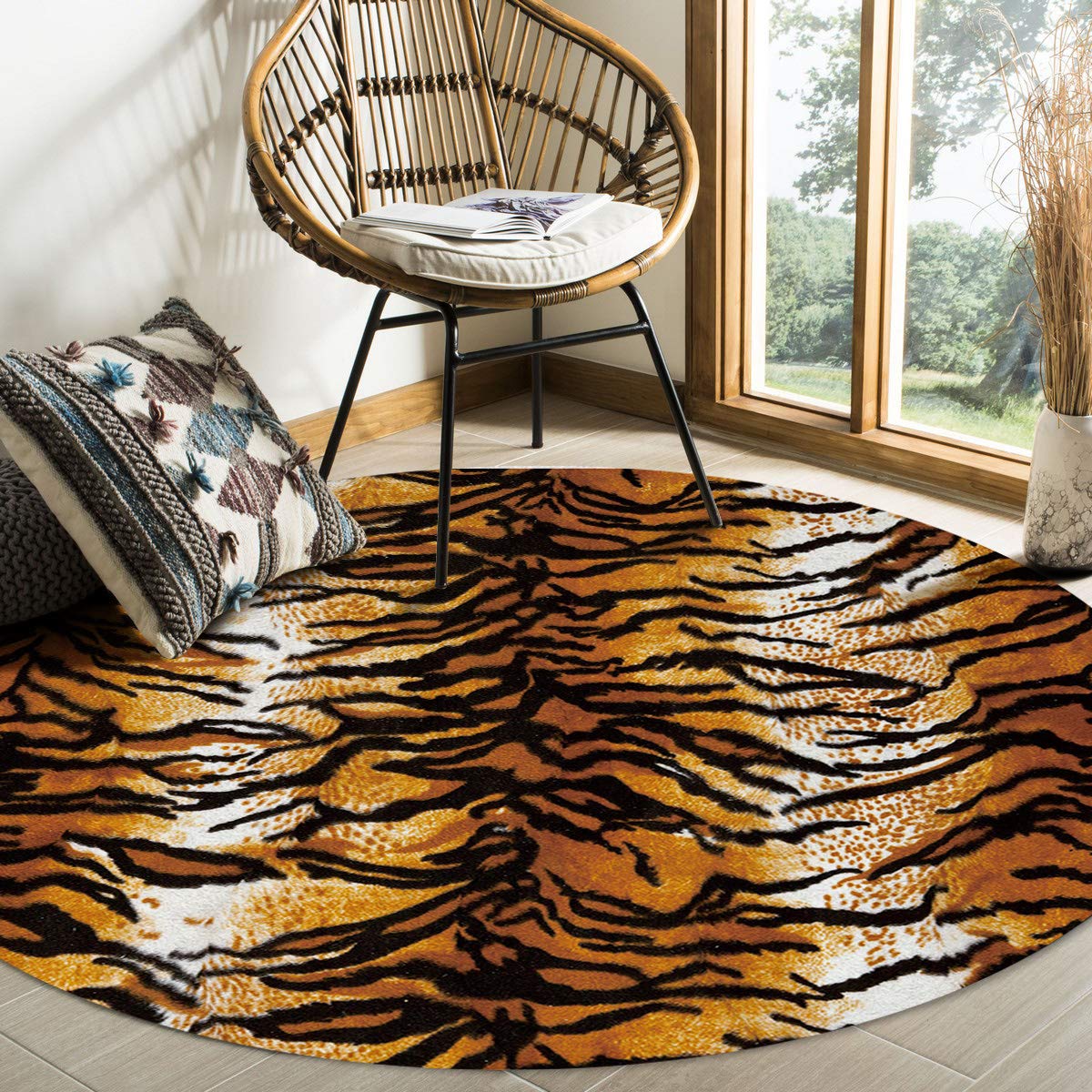 Round Area Rugs Tiger Stripe Pattern Soft Carpets Indoors/Living Dining/Bedroom/Children Playroom Crawl Rug Floor Mats Yoga Mat, Orange 6 ft Diameter