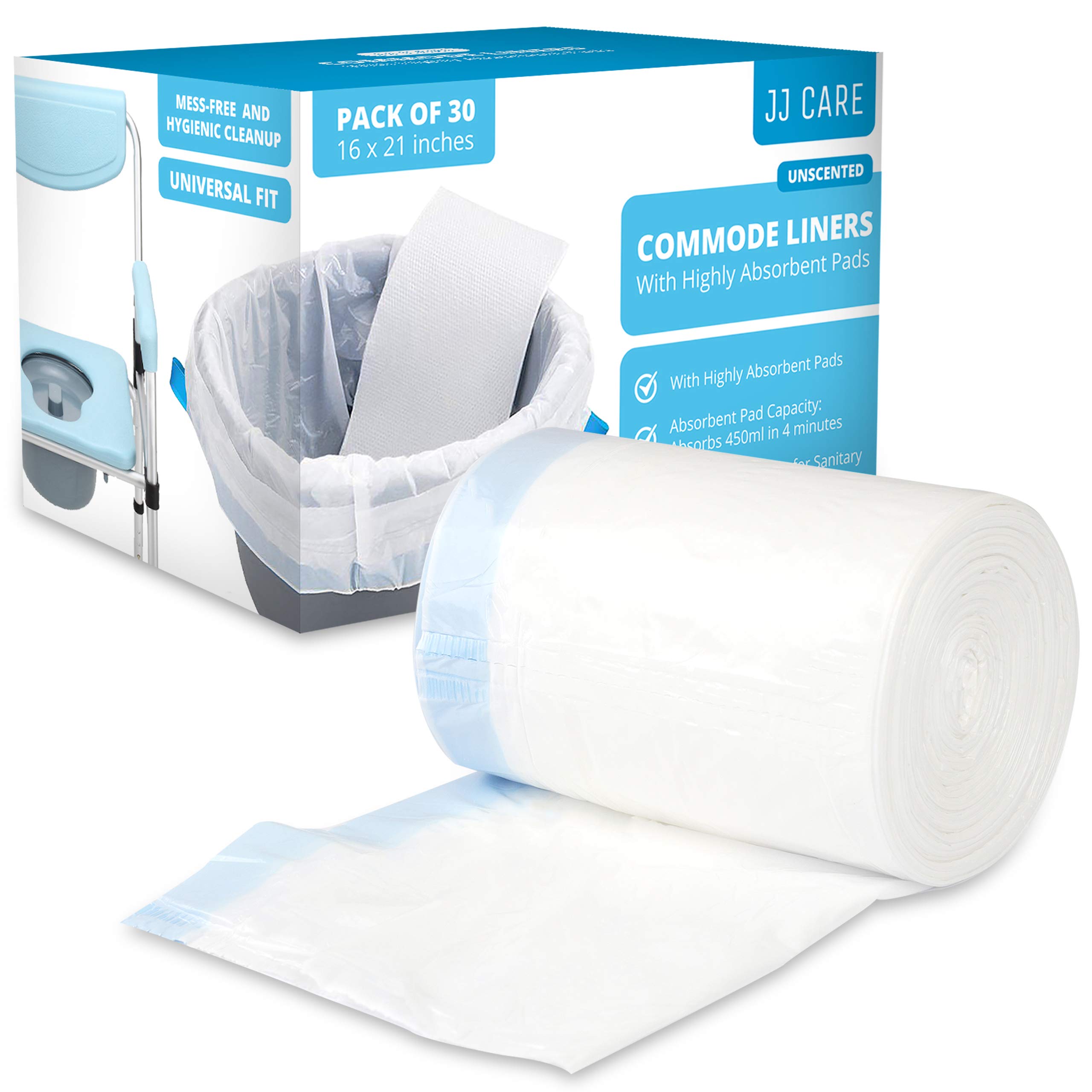 JJ CARE Commode Liner with Super Absorbent Pads (Pack of 30) , Portable Toilet Bags, Bedside Commode Liners Disposable, Potty Chair Liners, Portable Toilet Liner Adult