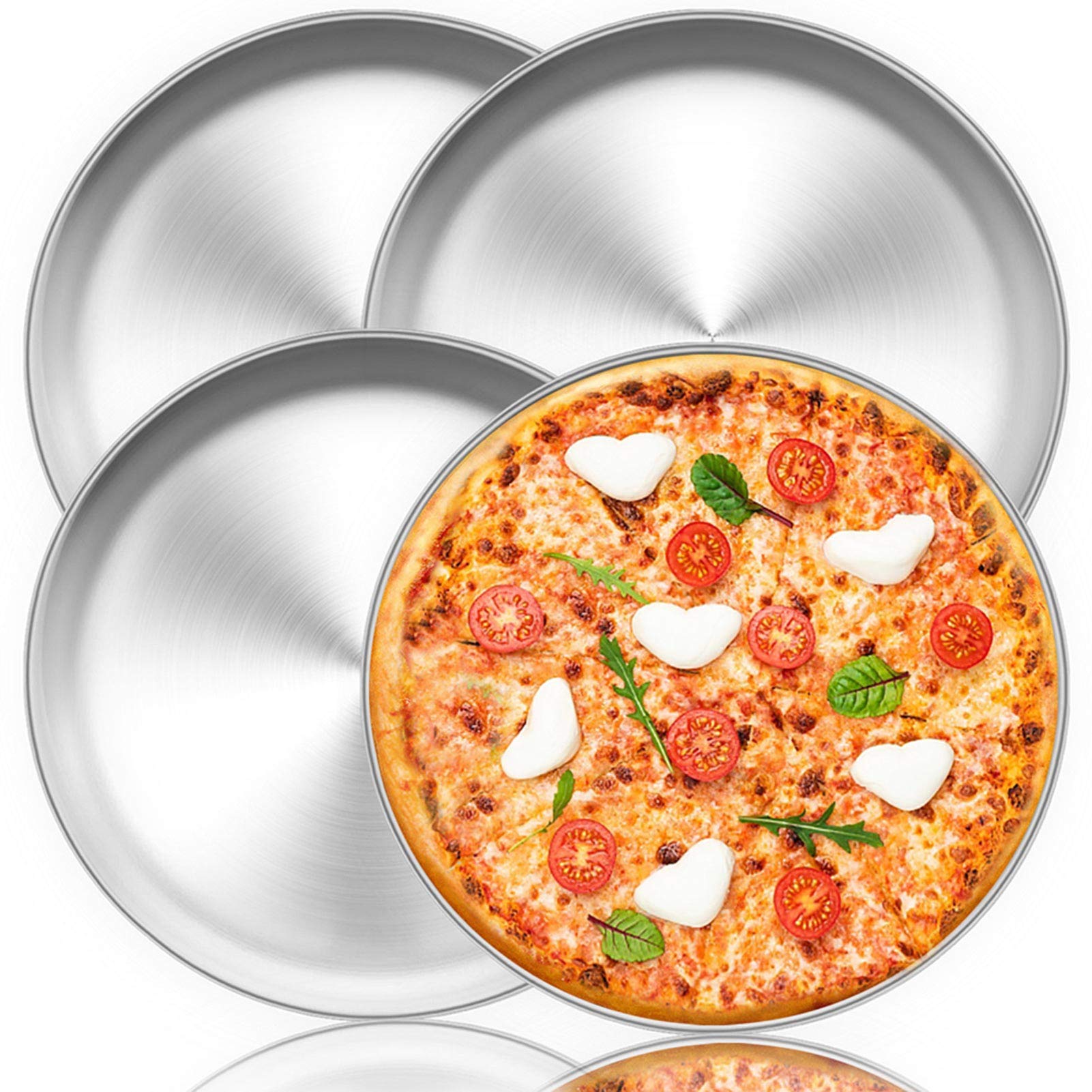 TeamFar Pizza Pan, 12 inch Pizza Pan Set Round Pizza Oven Baking Pans Tray Stainless Steel for Home Restaurant Party, Healthy & Heavy Duty, Dishwasher Safe & Easy Clean - Set of 4