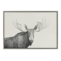 Sylvie Moose 2 Crop BW Framed Linen Textured Canvas Wall Art by Emiko and Mark Franzen of F2Images, 23x33 Gray, Decorative Forest Animal Art for Wall