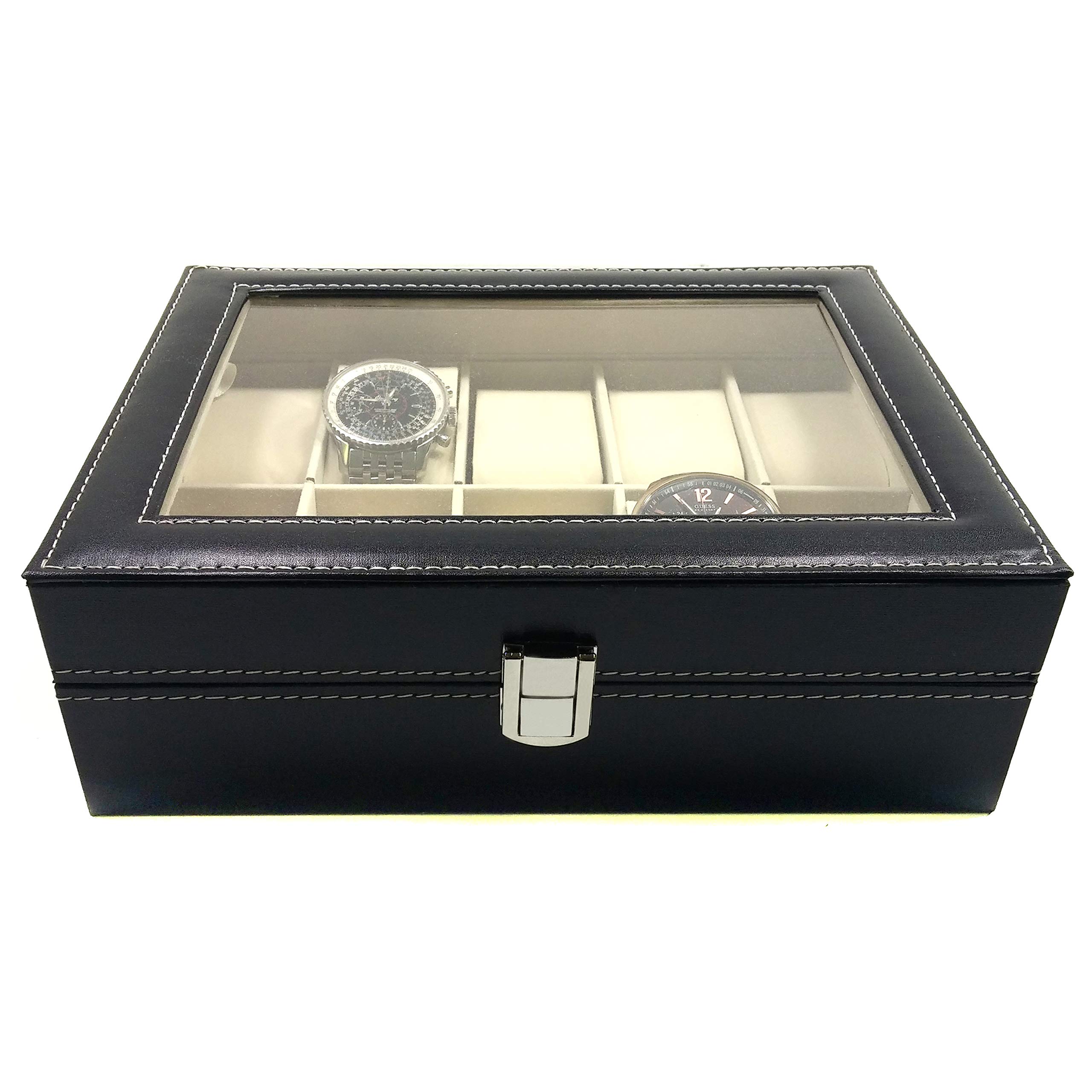 SciencePurchase Faux Leather Display Glass Top Jewelry Case Organizer, 10 Mens Watch Box, Black