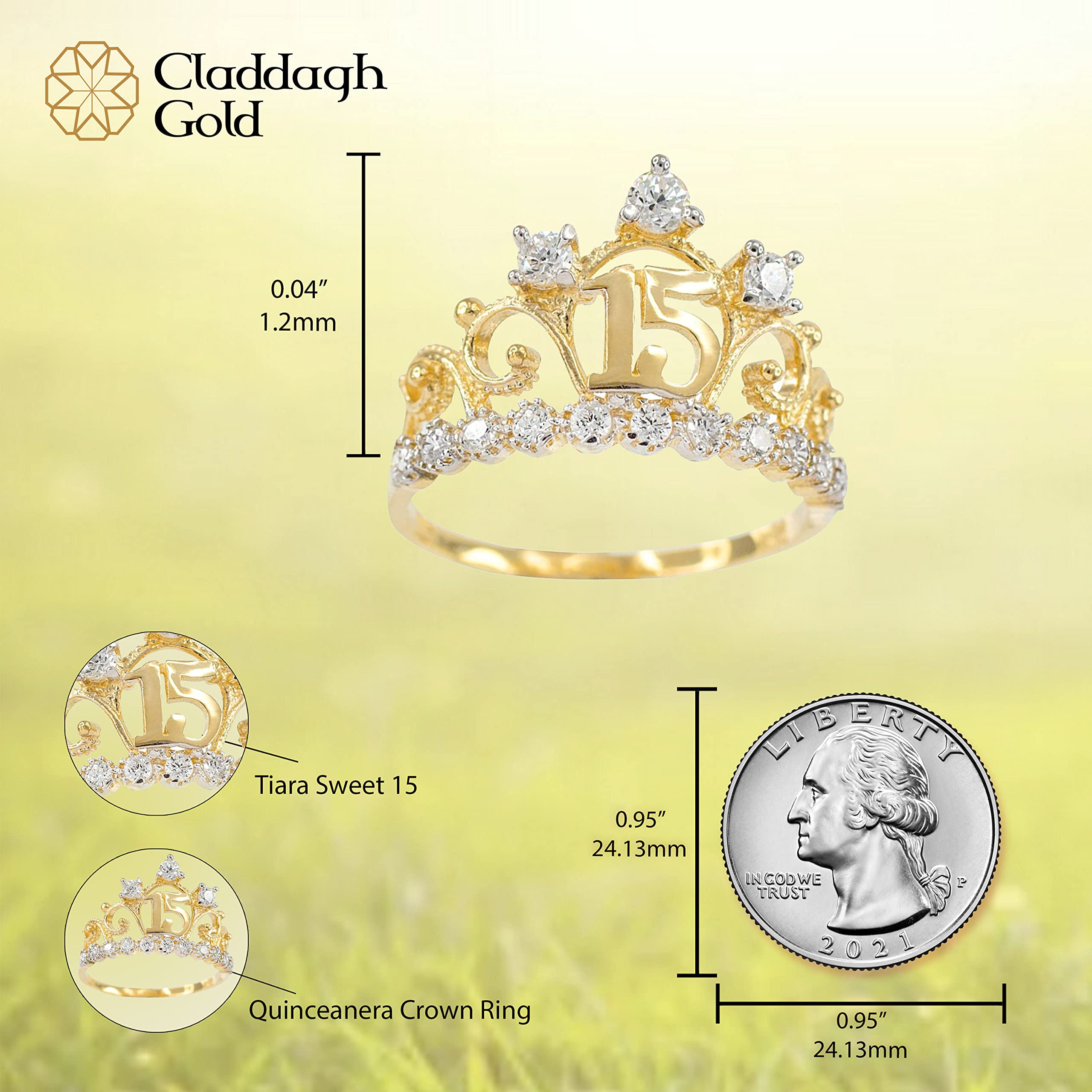 14K Yellow Gold White Cubic Zirconia Tiara Crown Sweet 15 Años Milgrain Quinceanera Statement Ring