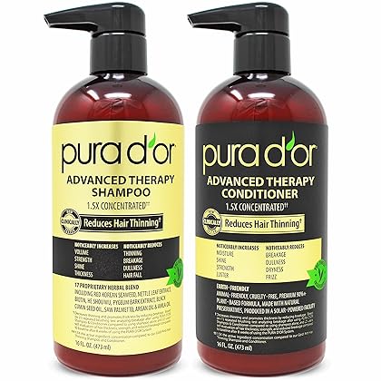 PURA D'OR Anti-Thinning Advanced Therapy Biotin Shampoo & Conditioner Hair Care Set, Clinically Proven, DHT Blocker Hair Thickening Products For Women & Men, Daily Routine Shampoo, 16oz x 2