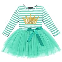 Baby Girls 1st/2nd/3rd Birthday Long Sleeve Princess Cake Smash Baptism Crown Tulle Party Dress Striped Outfit Tutu Gown