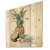 Pineapple With Coconut Plumeria And Palm Leaves Traditional Wood Wall Decor, Green Wood Wall Art, Large Floral Wood Wall Panels Printed On Natural Pine Wood Art