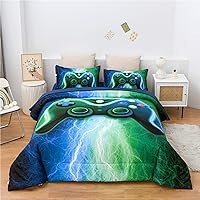 Meeting Story Gamer Gaming Bedding Sets Red Blue Lightnings Gamepad Comforter Set for Boys Games Console Action Buttons Novelty Colorful Modern Room Decor Home Quilt Set (Blue-Grenn, Queen 5Pcs)