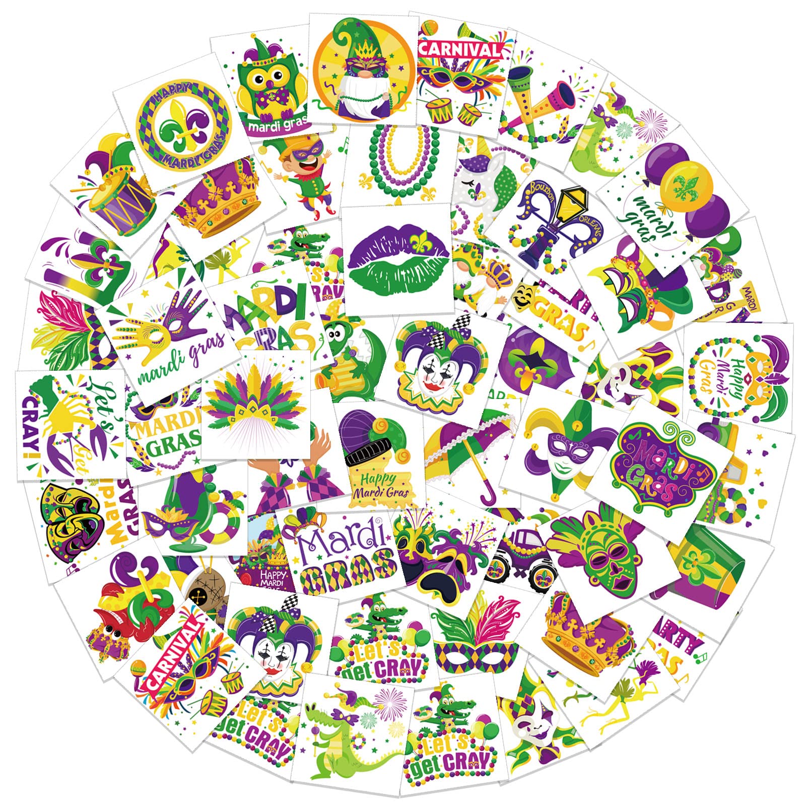 HOWAF 96 Pieces Mardi Gras Temporary Tattoos, 48 Styles New Orleans Party Temporary Tattoos Stickers for Kid, Mardi Gras Themed Fake Tattoos with Crown, Mask Design for Masquerade Party Decoration