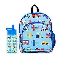 Wildkin 12 Inch Backpack Bundle with 16 Ounce Reusable Water Bottle (Trains, Planes & Trucks)