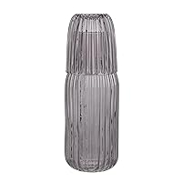 Ribbed Bedside Water Carafe with Tumbler Set | Ribbed Glass Pitcher and Matching Drinking Glass Doubles as Lid | 39-Ounce Jug for Guest Room, Office, or Gift | 4” x 9.5” (Smoke Gray)