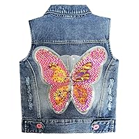 Little Big Girl Outfit Distressed Sleeveless Jacket Embroidered Sequins Butterfly Denim Vest