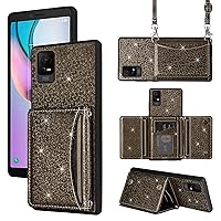 Wallet Case for Metro TCL Ion X/Ion V/40Z with Shoulder Strap, 6 Card Slot Thin Slim Flip Purse, Card Holder Stand Sparkly Glitter Bling Cell Phone Cover for IonX T430W IonV 2023 Women Men Grey
