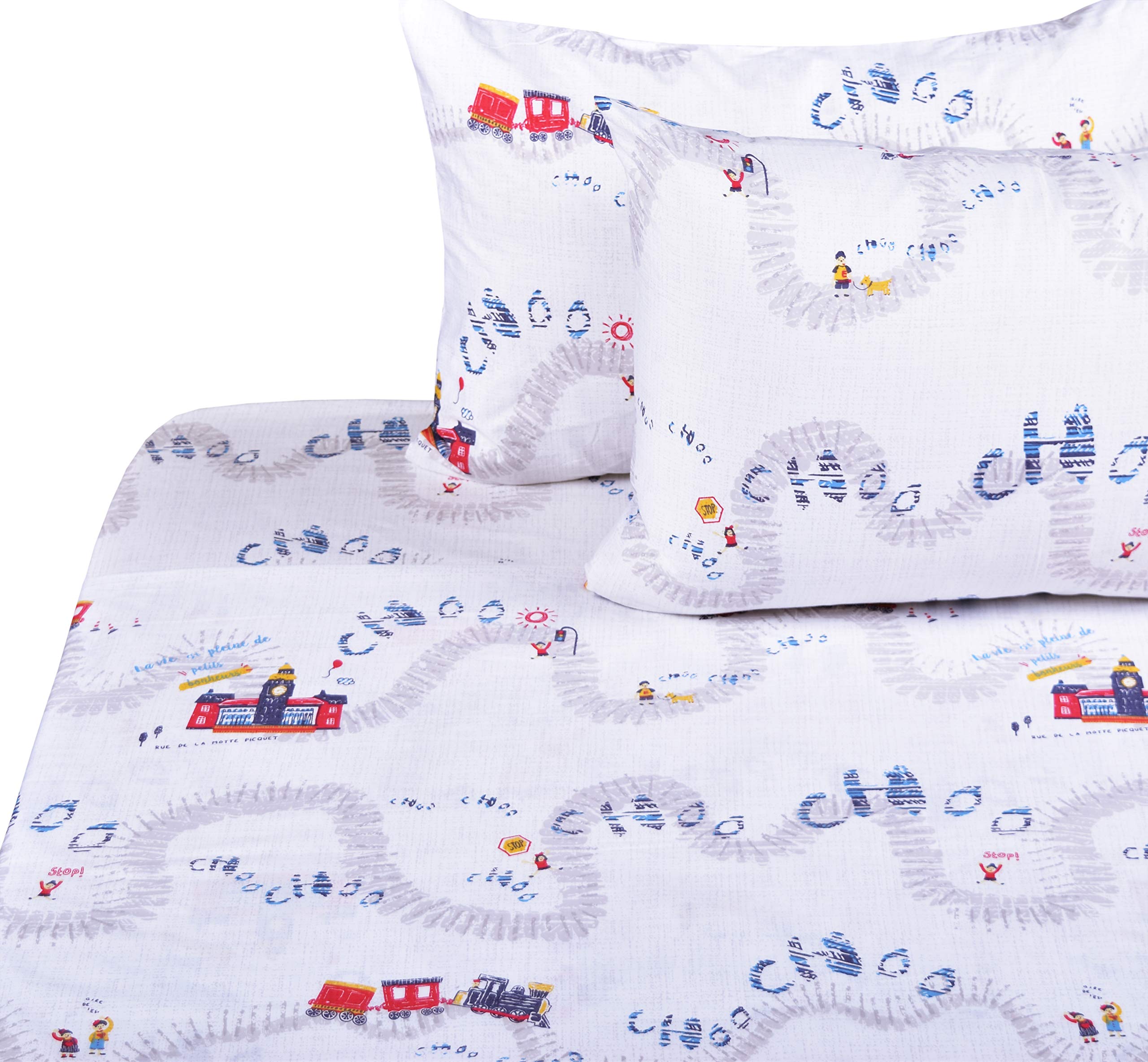 J-pinno Cute Train Travel Choo Full Sheet Set for Kids Boys,100% Cotton, Flat Sheet + Fitted Sheet + Two Pillowcase Bedding Set (Full, Train)