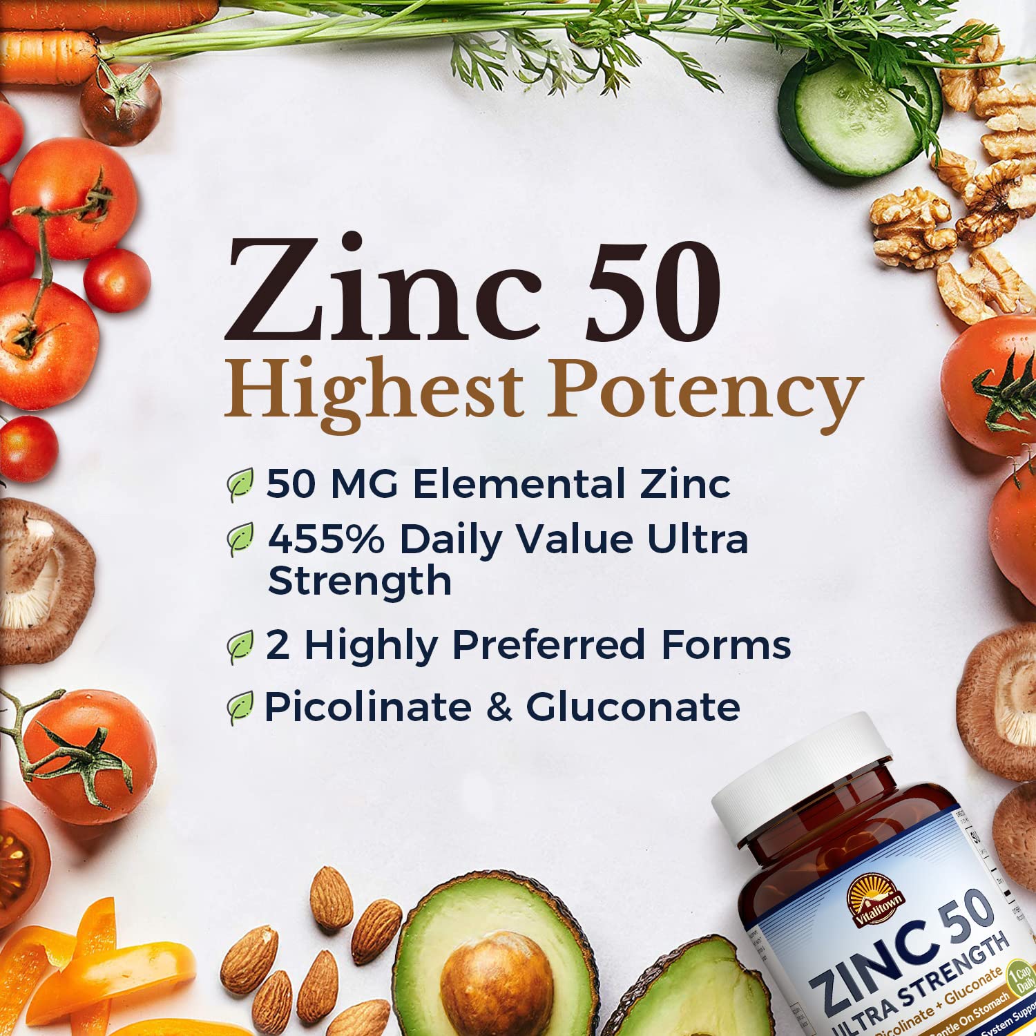 Vitalitown Zinc 50 mg, Zinc Picolinate, Zinc Gluconate, 60 Veggie Capsules, No Zinc Oxide, Well-Absorbed, Chelated Zinc Supplement, Immune System, Healthy Skin & Development, Vegan, NO Gluten, Non-GMO