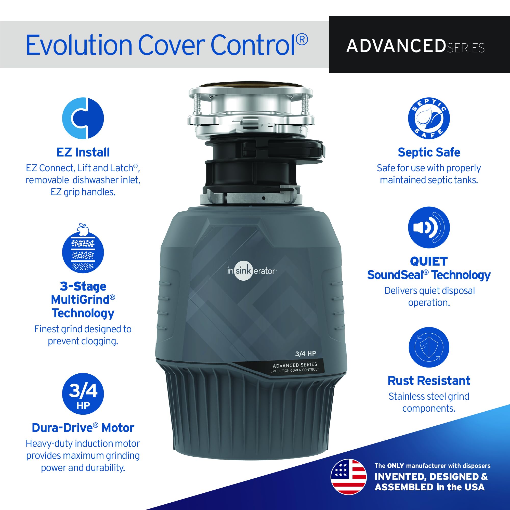 InSinkErator EVO CVR CNTRL Evolution Cover Control 3/4 HP, Advanced Series EZ Connect Batch Feed Food Waste Garbage Disposal, Gray