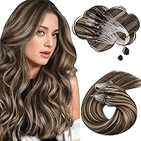 Hair Extensions with Beads Human Hair 22 Inch Chocolate Brown and Honey Blonde Highlight Micro Ring Hair Extensions Color #4P27 Micro Bead Hair Extensions Remy Hair 50G/50S