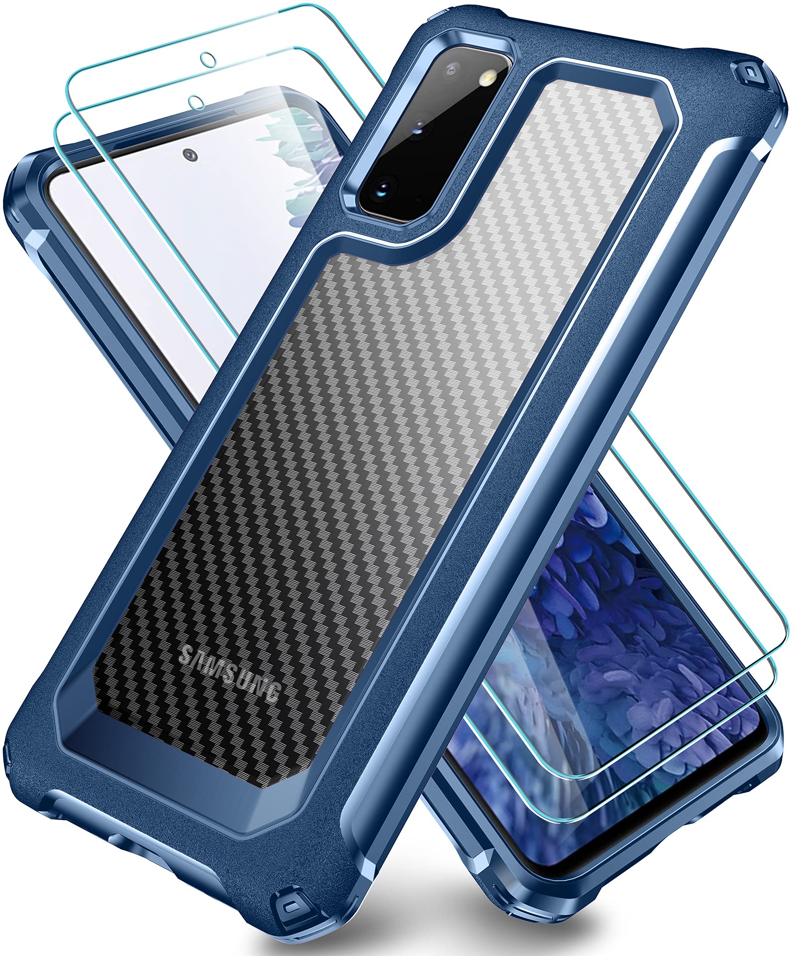 SUPBEC Galaxy S20 Case, Slim Carbon Fiber Shockproof Protective Cover with Screen Protector [x2] [Military Grade Drop Protection] [Anti Scratch&Fingerprint], Samsung S20 Case, 6.2