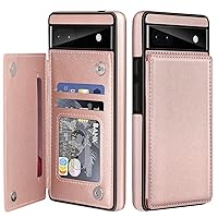 for Google Pixel 6A Case Leather Wallet with Card Holder, Flip Cover Kickstand Card Slots Magnetic Closure Shockproof Heavy Duty Protective Case for Google Pixel 6A 6.1inch 5G Rose Gold
