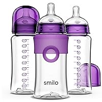 Smilo Baby Bottle Set with Stage 0 Slow Flow Anti Colic Nipple, 10 Oz / 300 ml Capacity, 3X Pack of Anti Colic Baby Bottles 0-3 Months - Plum Purple