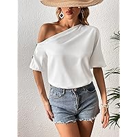 Women's Tops Sexy Tops for Women Women's Shirts Solid One Shoulder Button Detail Blouse Shirts for Women (Color : White, Size : Large)