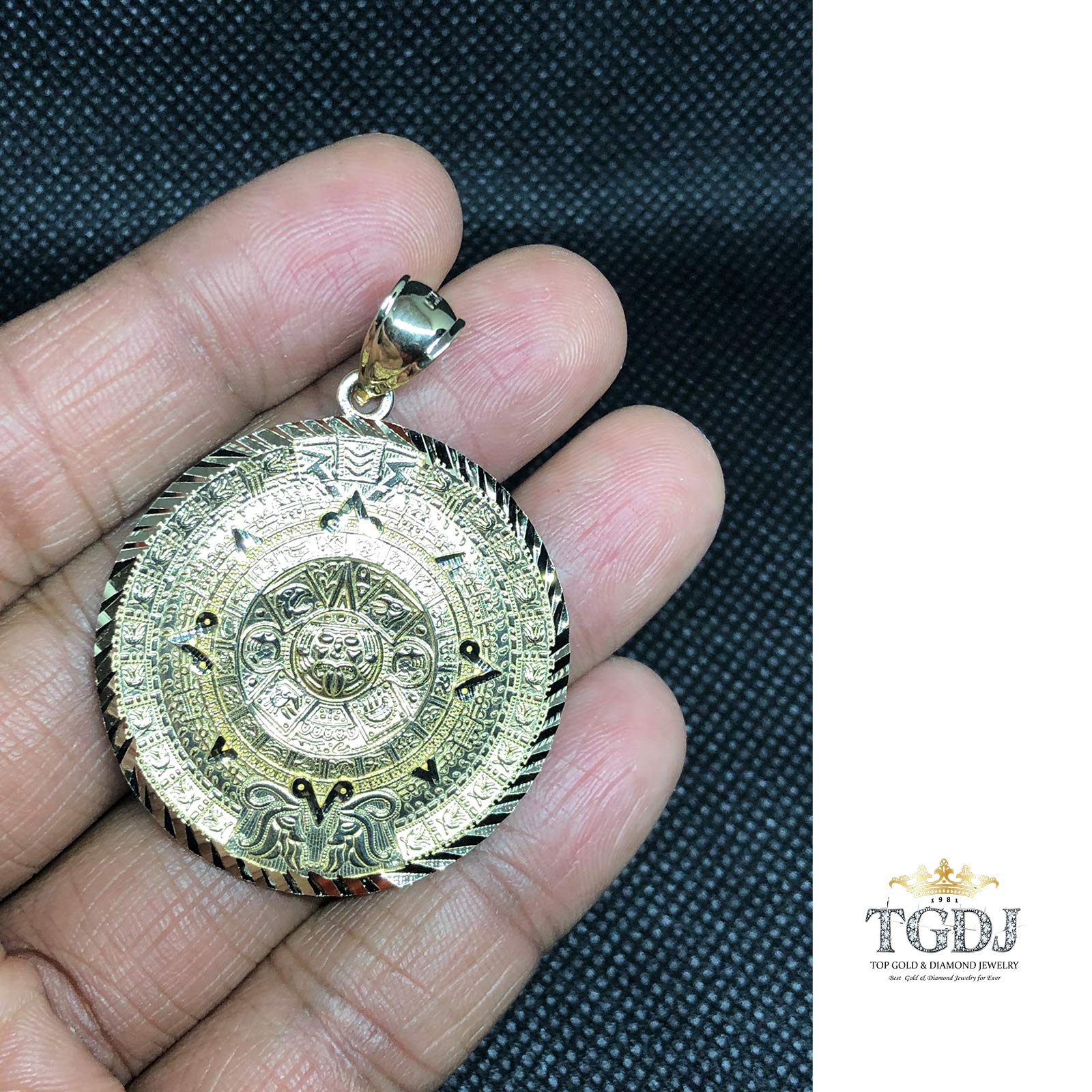 TGDJ 14K Yellow Gold Aztec Mayan Calendar Charm Pendant, 40x40 mm Diamond-Cut Ornate, Handmade Spiritual Symbol, Gold Stamped Fine Jewelry, Great Gift for Men & Women (40mm)
