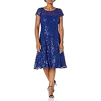 S.L. Fashions Women's Tea Length Cap Sleeve Sequin Lace A-Line Dress