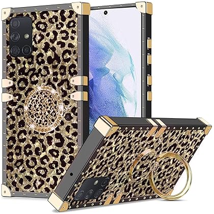 PHOQOYO for Galaxy A71 Shockproof Case with Ring Support for Women,Luxury Cheetah Print Square Metal Edge Retro Anti-Slip Cover for Samsung Galaxy A71 5G 2020(Leopard Skin Pattern)