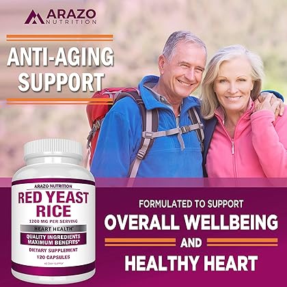 Arazo Nutrition Red Yeast Rice Extract 1200 MG – Citrinin Free Supplement – Vegetarian 120 Capsules