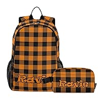 Custom Orange Plaid Backpack for Kids Personalized Junior High Elementary Bookbag Backpack Set with Lunch Bag for Girls Teens Boys Kids