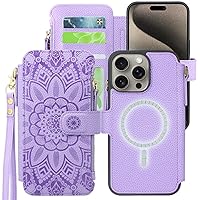 Harryshell Compatible with iPhone 15 Pro Max Case Wallet Support MagSafe Wireless Charging with 3 Card Slots Holder Cash Coin Zipper Pocket Pu Leather Flip Closure Wriststrap (Floral Lavender Purple)