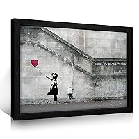 h.niao Banksy Framed Gray Girl with Red Heart Balloon Street Graffiti Canvas Painting Painting, Dining Room Kitchen Home Office Decorative Painting(12x16 inches)