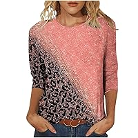 Summer 3/4 Sleeve Leopard Color Block Casual Tee Tops for Womens Trendy Loose Fit Funny Crewneck T-Shirts