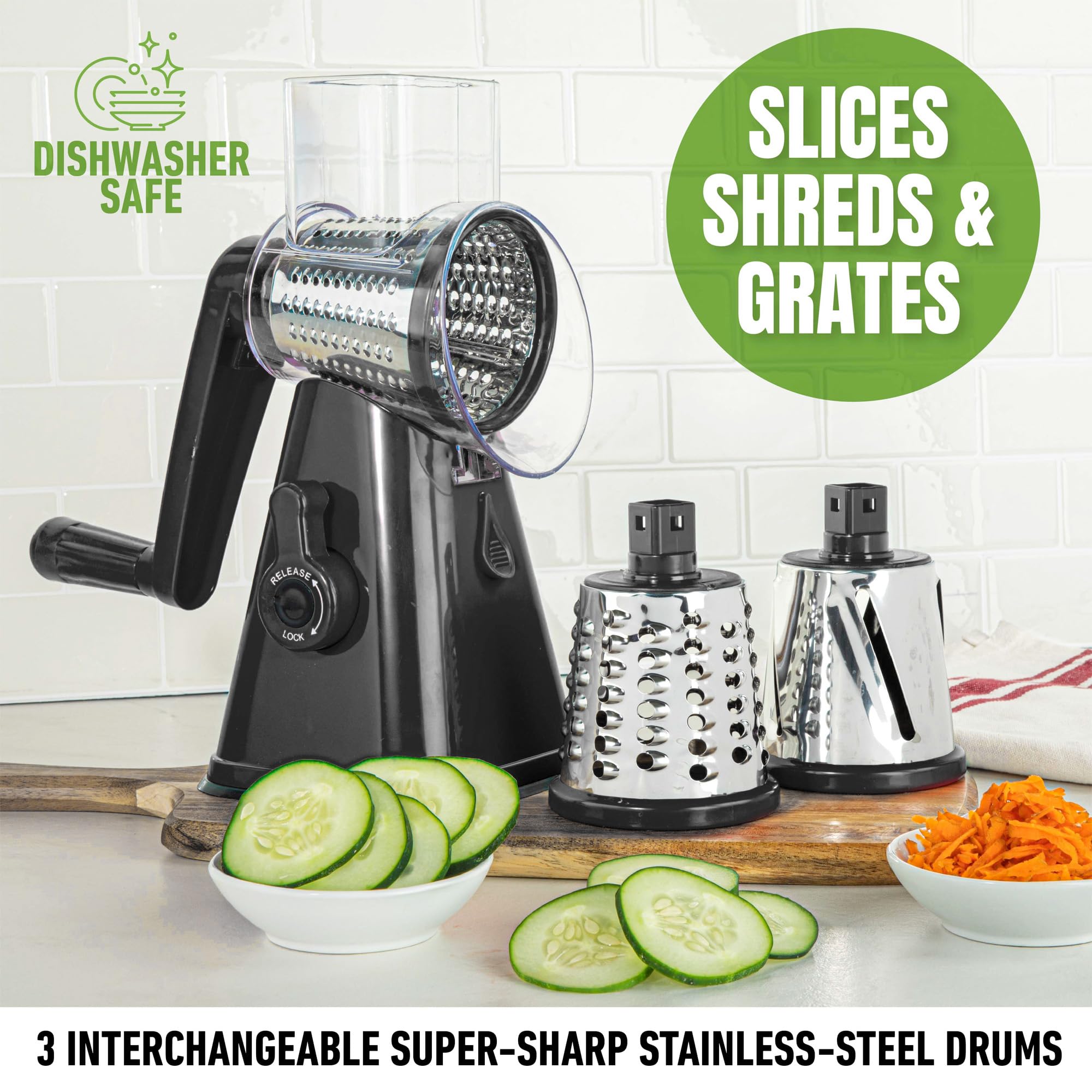 Rotary Cheese Grater with Handle, Cheese Grater Hand Crank, Fast Cutting Grater for Kitchen with 3 Interchangeable Blades, Vegetable Slicer, Cheese Shredder with Suction Cup Base, Dishwasher Safe