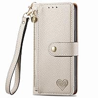 XYX Wallet Case for OnePlus 12R, RFID Blocking Love Heart Pu Leather Case Zipper Purse Wrist Strap with 7 Card Slots for OnePlus Ace 3, Grey