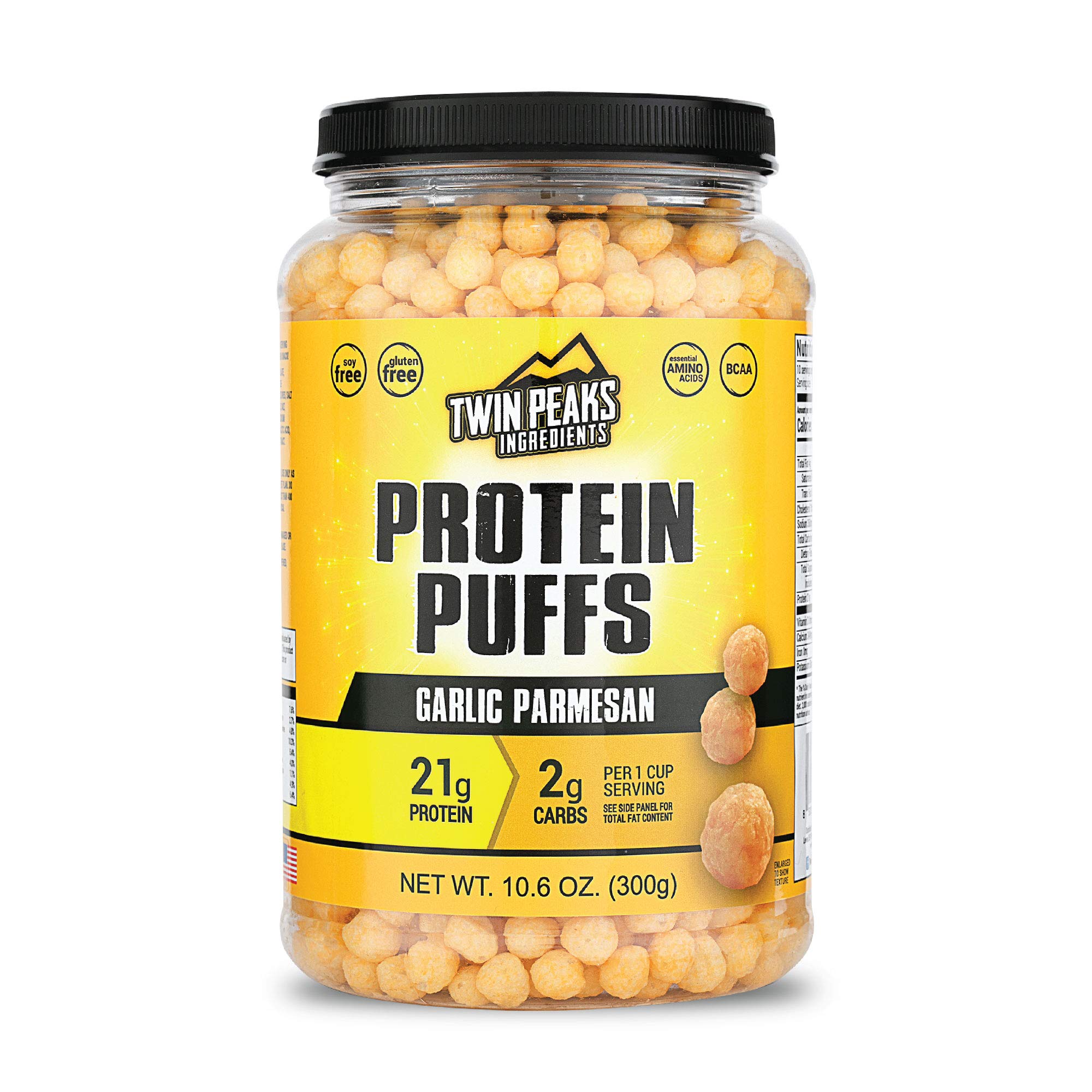 Twin Peaks Low Carb, Keto Friendly Protein Puffs, 1 Jug Garlic Parmesan Flavor Puffs + 1 Jug Nacho Cheese Flavor Puffs