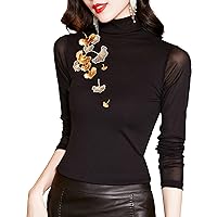 Women's Embroidery Mesh Tops Mock Neck Semi Sheer Long Sleeve Embroidered Patchwork Blouses Elegant Work Shirts