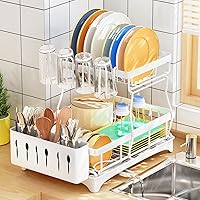 Dish Drying Rack- 2 Tier Dish Rack with Drainboard for Kitchen Counter, Detachable Dish Drainer Kitchen Organizer Rack with Utensil Holder and Cup Rack, White Dish Rack